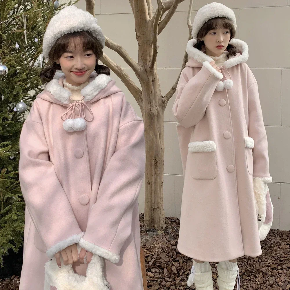 Coalfell Japanese Sweet Girls College Style Woolen Coat 2023 Winter Soft Glutinous Fur Edge Medium Length Woolen Coat Coat Girl