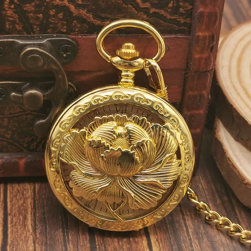 Hand Wind Fob Watch Casual Fashion Luxury Gold Hollow Skeleton Pocket Watches Lotus Roman Numerals Vintage Mechanical Chain Gift