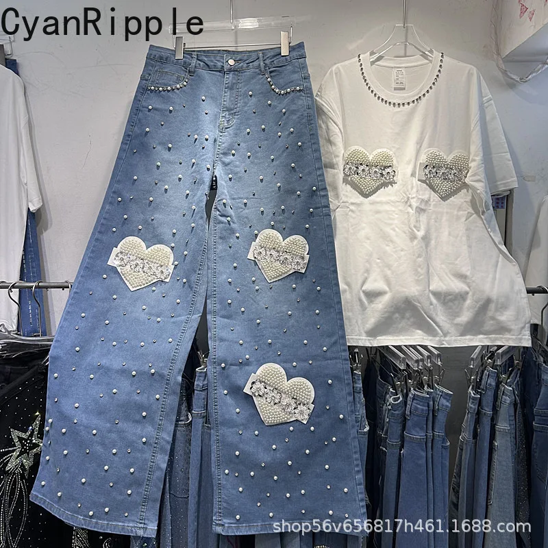 

Fashion Spring Summer Women Two-piece Set Diamonds Love Beads Loose White T-shirt Top + High Waist Wide Leg Casual Denim Pants