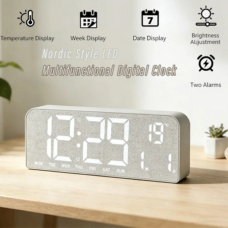 Desktop Digital Wall Clock 4 Levels Brightness LED Alarm Clock Date Week Dual Alarm Wood Grain Clock With Colorful Ambient Light
