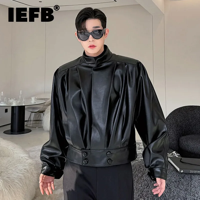 

IEFB High Street мужские пальто из искусственной кожи винтажные плиссированные однотонные повседневные мужские пальто с воротником-стойкой новая короткая мужская одежда 9C8390