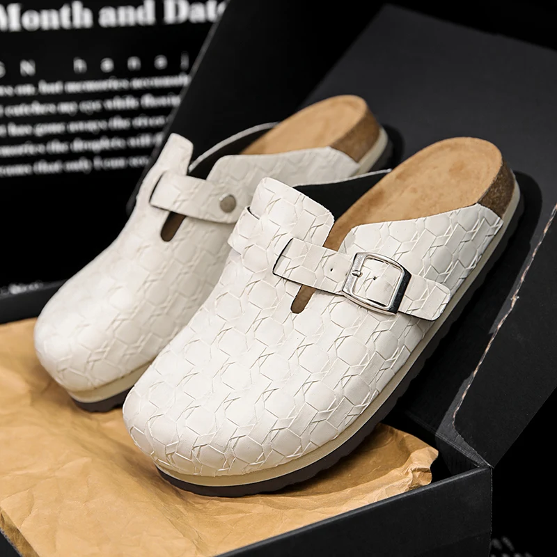 Knitted Cow Leather Cork Slippers Trend Men Women Clogs Mules Footbed Cork Mules Half Shoes Autumn Winter Cork Daily Slide Comfy