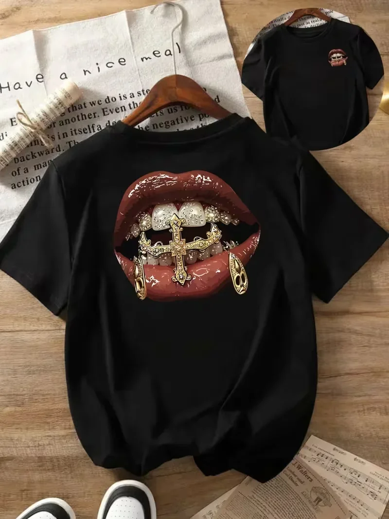 Hip-Hop Golden Grillz Lips Print T-shirt Crew Neck Short Sleeve Cross Graphic Tee Spring Summer Casual Daily Street Outfit
