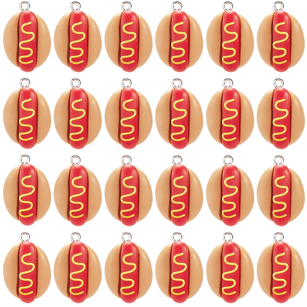 60Pcs Hot Dog Charm Fast Food Resin Charms Bulk Flat Back 3D Imitation Foods Hotdog Shaped Small Pendants with Silver Iron Loop