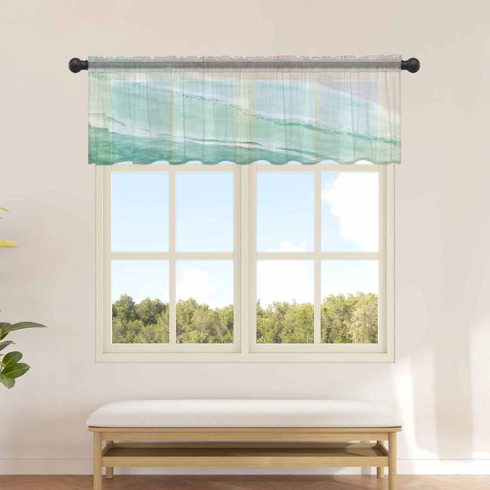 Ocean Waves And Beach Gradient Green Kitchen Small Window Curtain Tulle Sheer Short Curtain Living Room Home Decor Voile Drapes