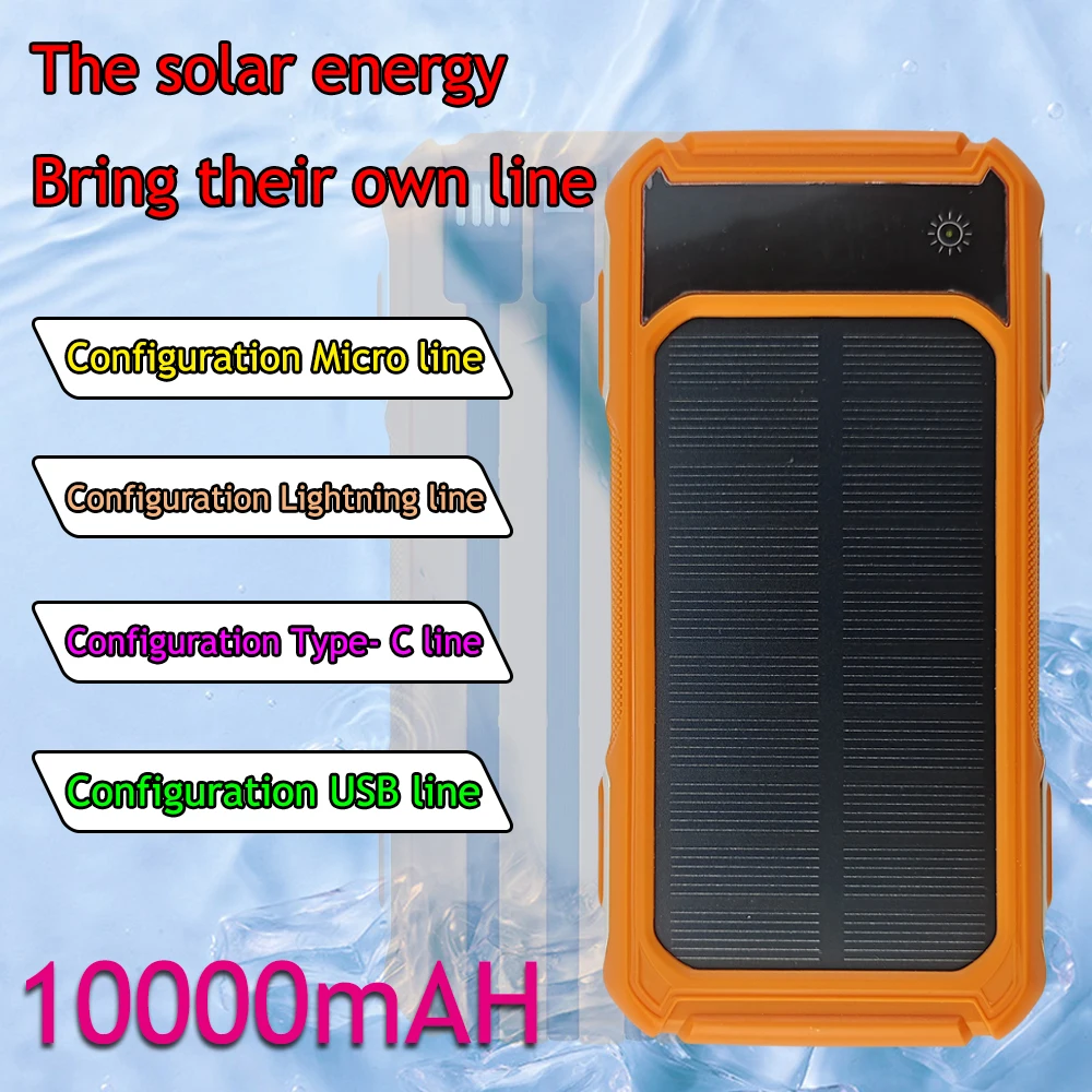 10000mAh Large Capacity Power Bank Solar Charging PowerBank Come With Four Wires Suitable For Samsung Apple Huawei