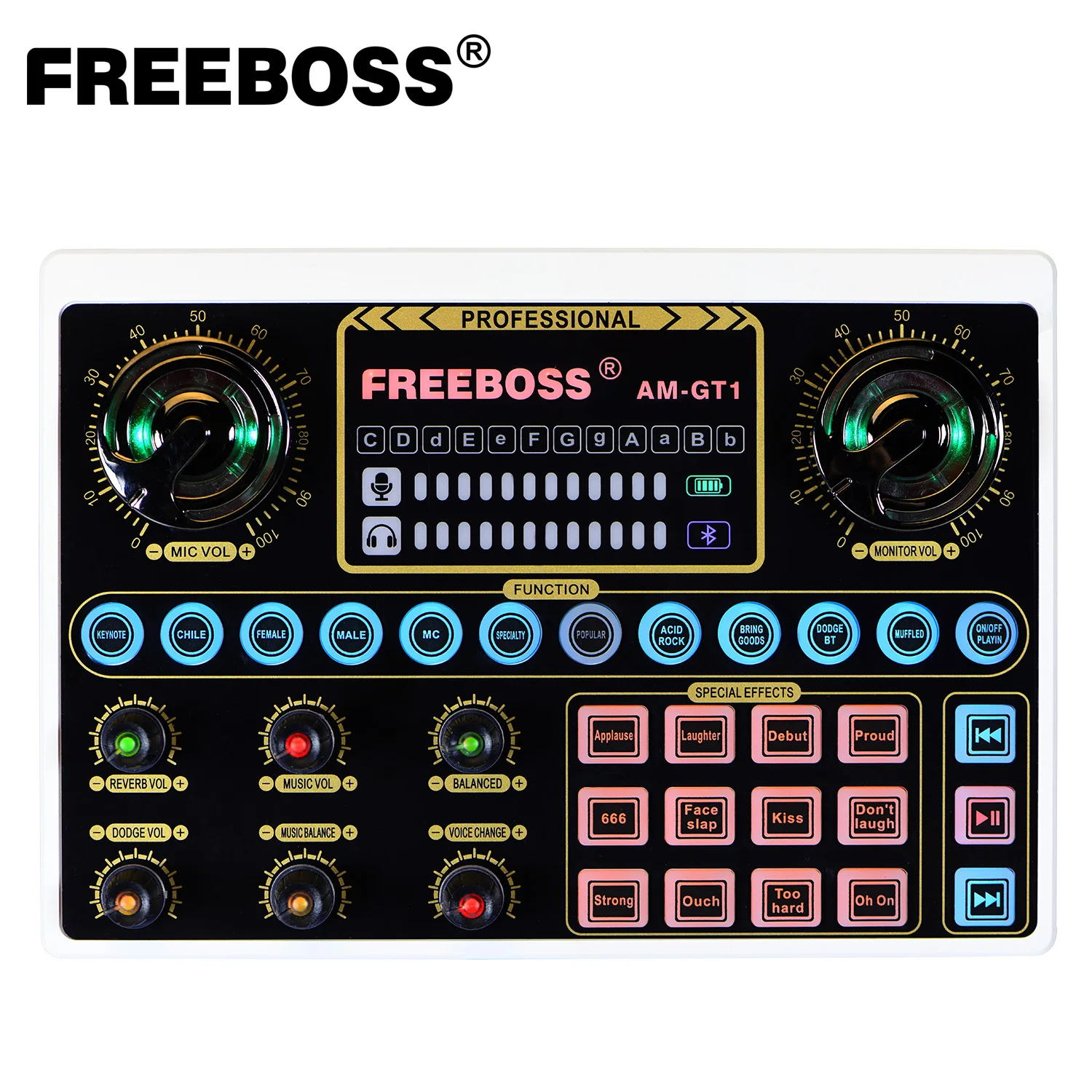 

FREEBOSS Live Sound Card Studio Phone PC Record Livestream Soundcard Bluetooth Voice Changer 12 Effects Audio Interface AM-GT1