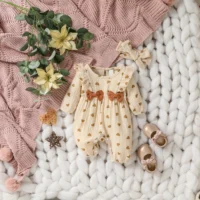 Baby Girls Summer Long Sleeve Printing Love With Bowknot For Casual Daily Cotton Jumpsuit