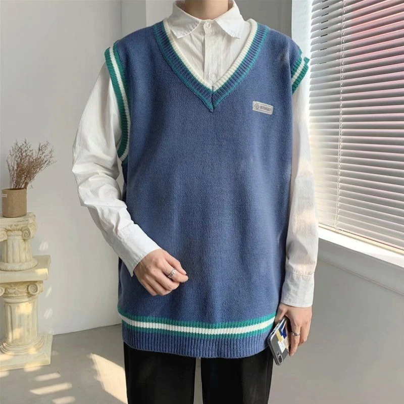 

Men Women Knit V-Neck Vest Loose Knitted Cardigan Ins Style Japanese Casual Premium Winter Spring Autumn Sweater Casual Blue