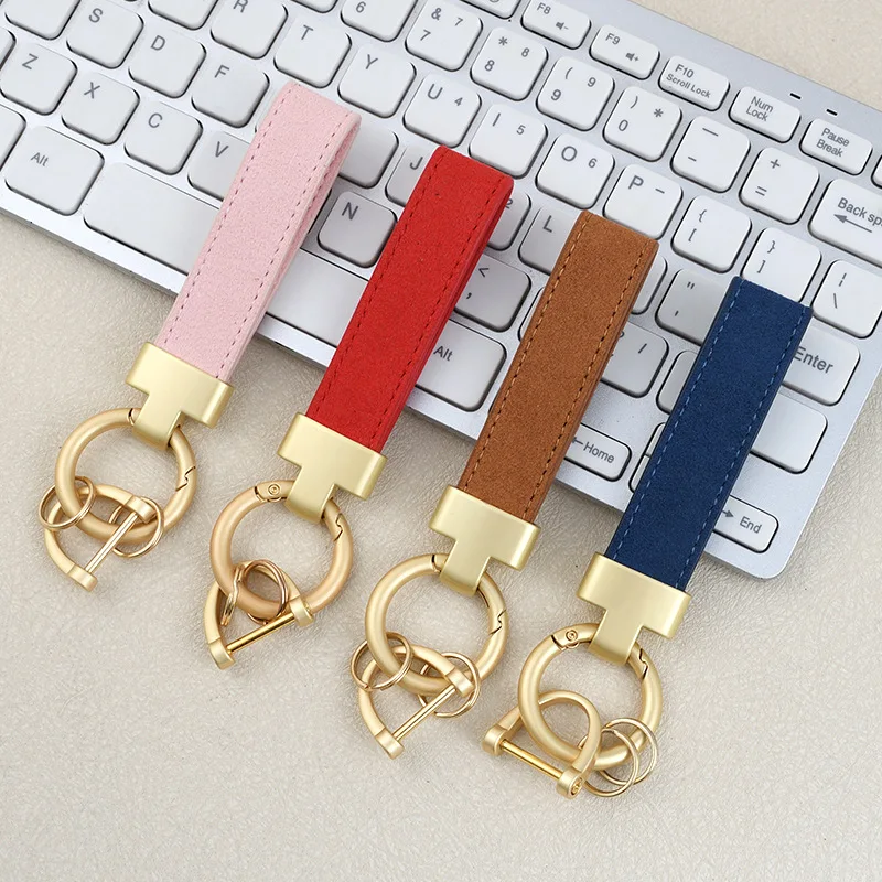 

Laser Engrave Logo High-end Suede T Buckle Car Leather Keychain Personalize Name Bag Keyring Pendant Custom Text Key Ring Holder