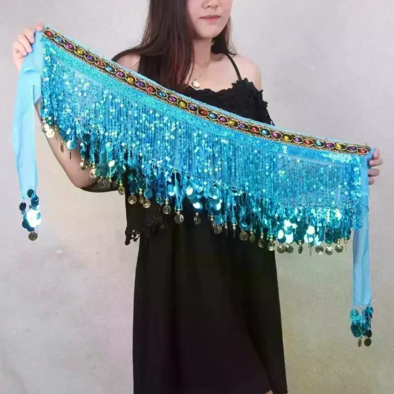 Belly Dance Sequin Tassel Waist Chain Dance Hip Towel Indian Dance Copper Drum Pure Color Practice Waist Towel