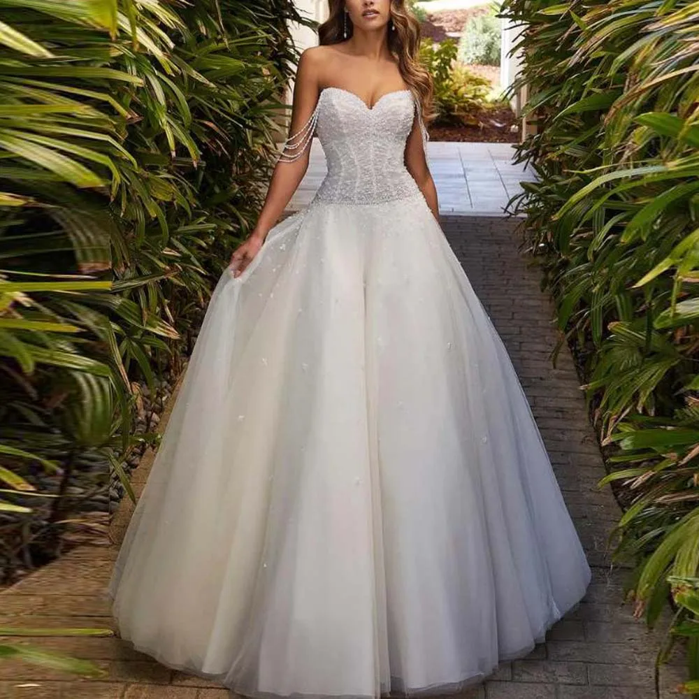 Customized Pearls Embellished Evening Dresses Beading Spaghetti Strap Tulle Soft Dress Pleated Button Back vestidos de novia