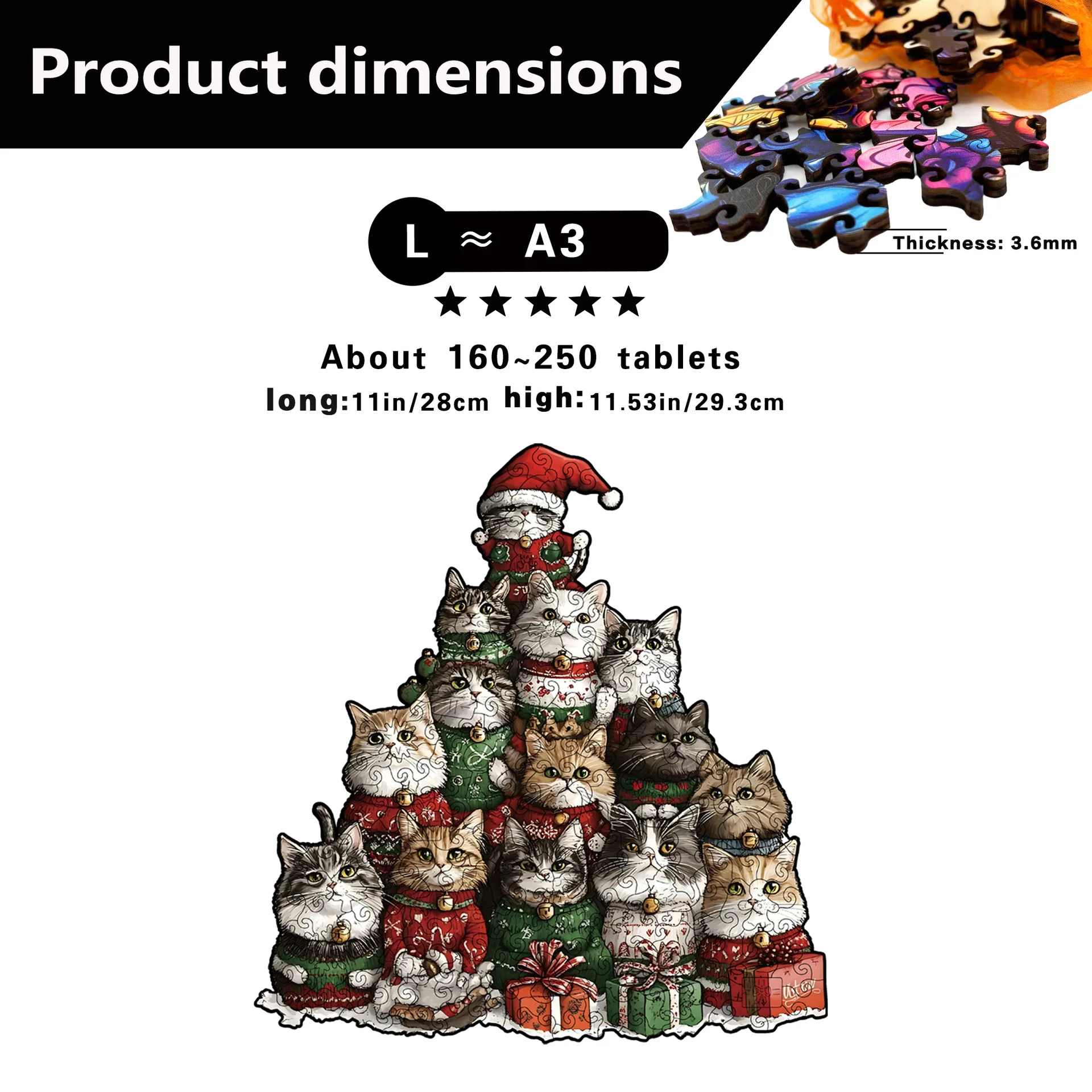 194 Elementy Puzzle Świąteczne Koty Puzzle Nieregularne Drewniane Puzzle w Kształcie Kota Gra Antystresowa Prezent na Urodziny Boże Narodzenie Dekoracja Domu