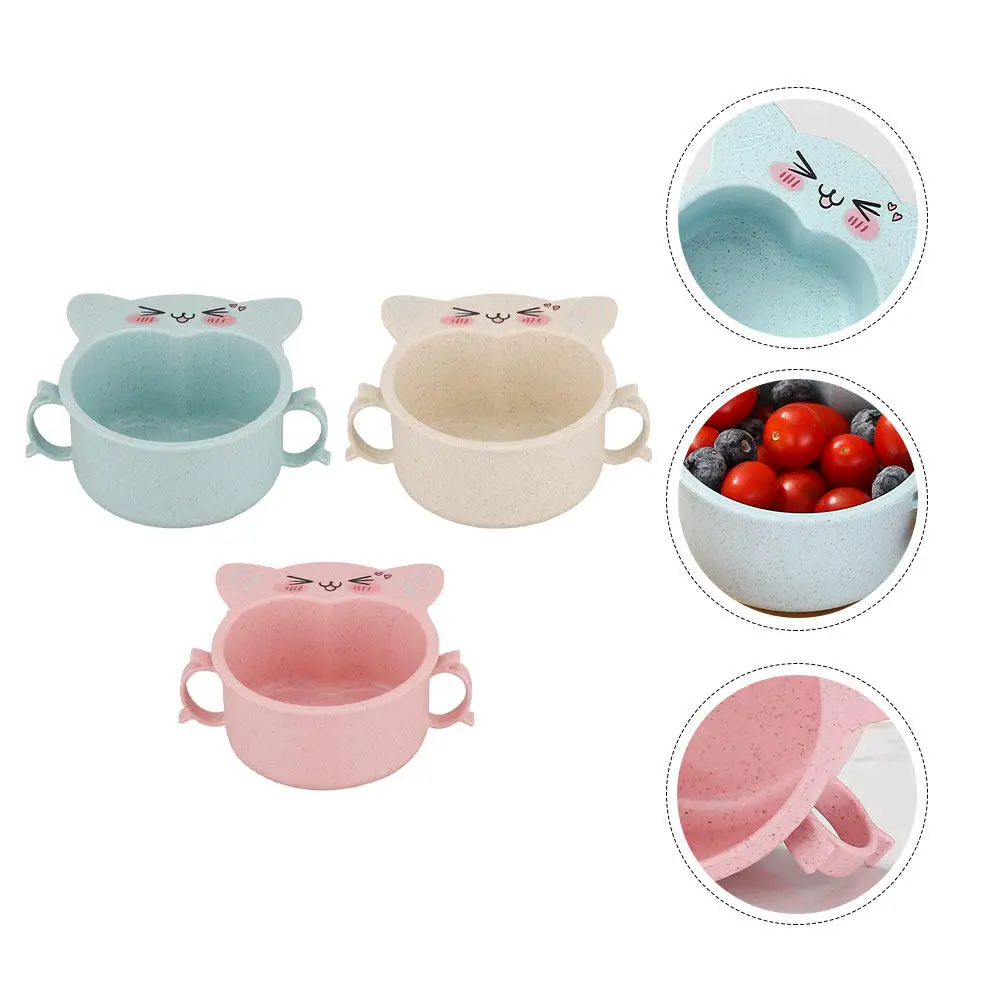 

3Pcs Double Handle Cartoon Children Bowls Premium Wheat Straw and Bowls for Cereal Fruit Salad Snacks Soup Household