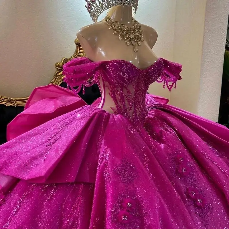 Robe de Rhen perles de cristal rose rouge brillant, robes de Quinceanera, appliques en dentelle, nœud de perles, rubans de croix, corset