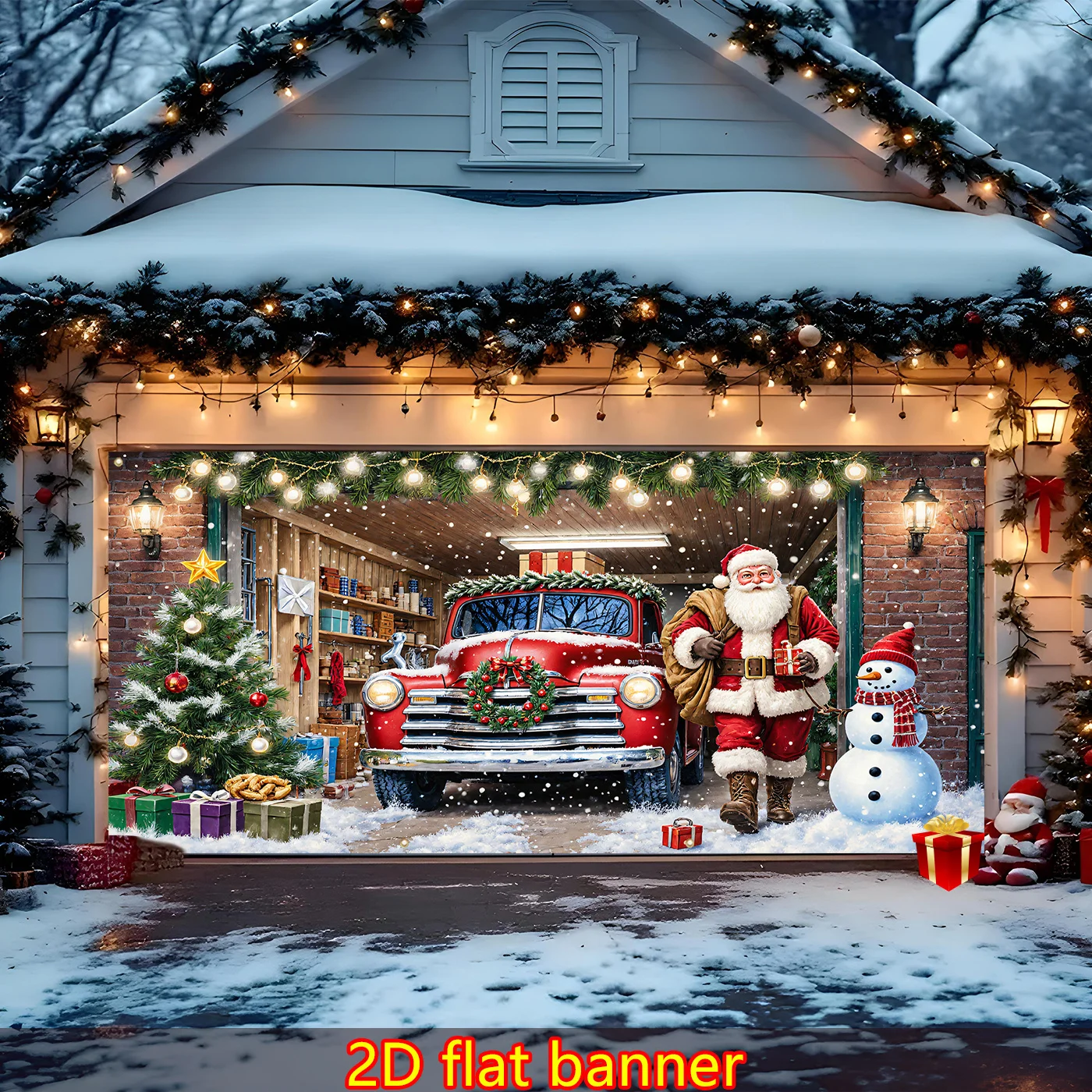 قطعة واحدة من لافتة عيد الميلاد لشاحنة كلاسيكية حمراء عملاقة، سانتا كلوز ورجل الثلج - ديكور باب خارجي/مرآب ثقيل، حفلة عيد الميلاد #1