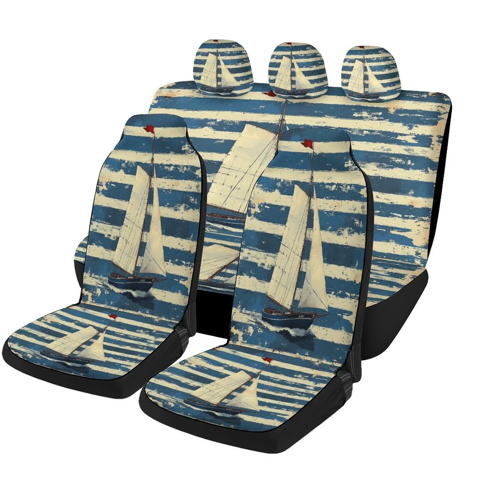 Sailing Ship Ocean Stripes Themed Car Seat Cover Set For Most Cars, Trendy High-quality Car Seat Protector Covers Full Set, Univ