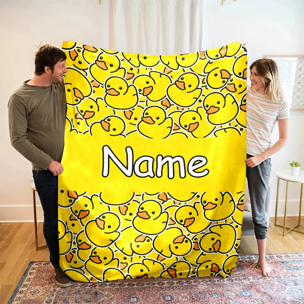 Customized Name Personalized Blanket Yellow Duck Princess Cars Print Blanket Birthday Christmas Gift Sofa Bed Camping Blanket