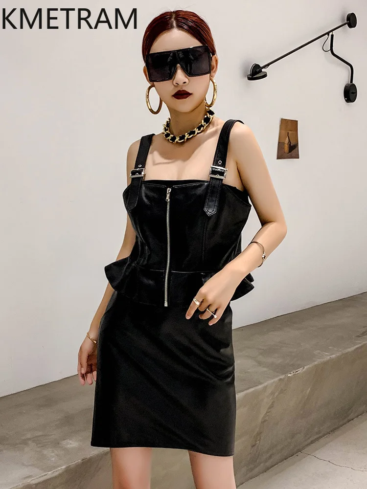 KMETRAM Sheepskin Real Leather Vest for Women Black Autumn Womens Clothes Lotus Leaf Hem Camisole Streetwear Short Tops 2024