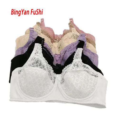 MOM 여성용 섹시한 레이스 브라, 언더와이어, 개더 조정 란제리, 면 푸시업 브라, 빅 B C D E 컵, 플러스 사이즈 34-46 C18