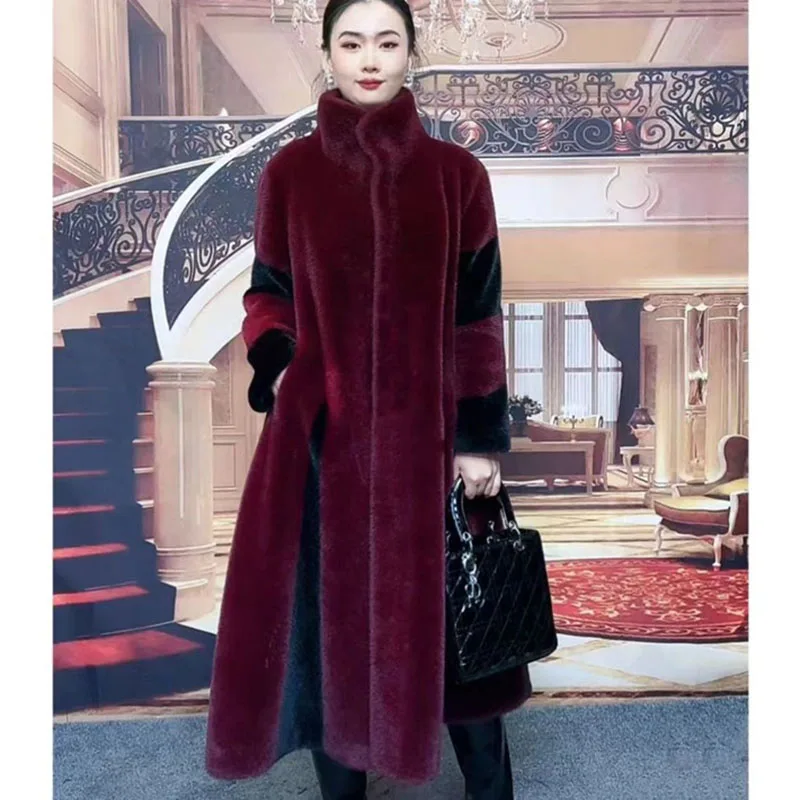 Otoño Invierno mujer chaqueta larga de piel integrada 2025 mujer de manga larga abrigo de piel sintética señoras cuello alto Tops de felpa prendas de vestir