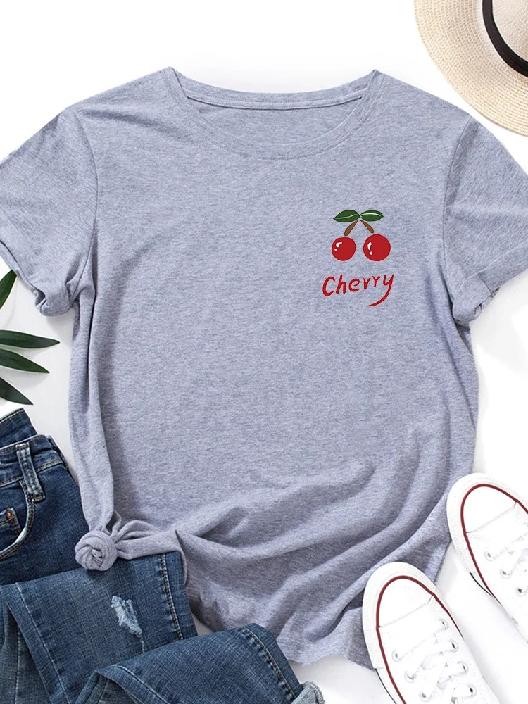 

Женская футболка с принтом красной вишни и грудью, с коротким рукавом и круглым вырезом, женская футболка, женская