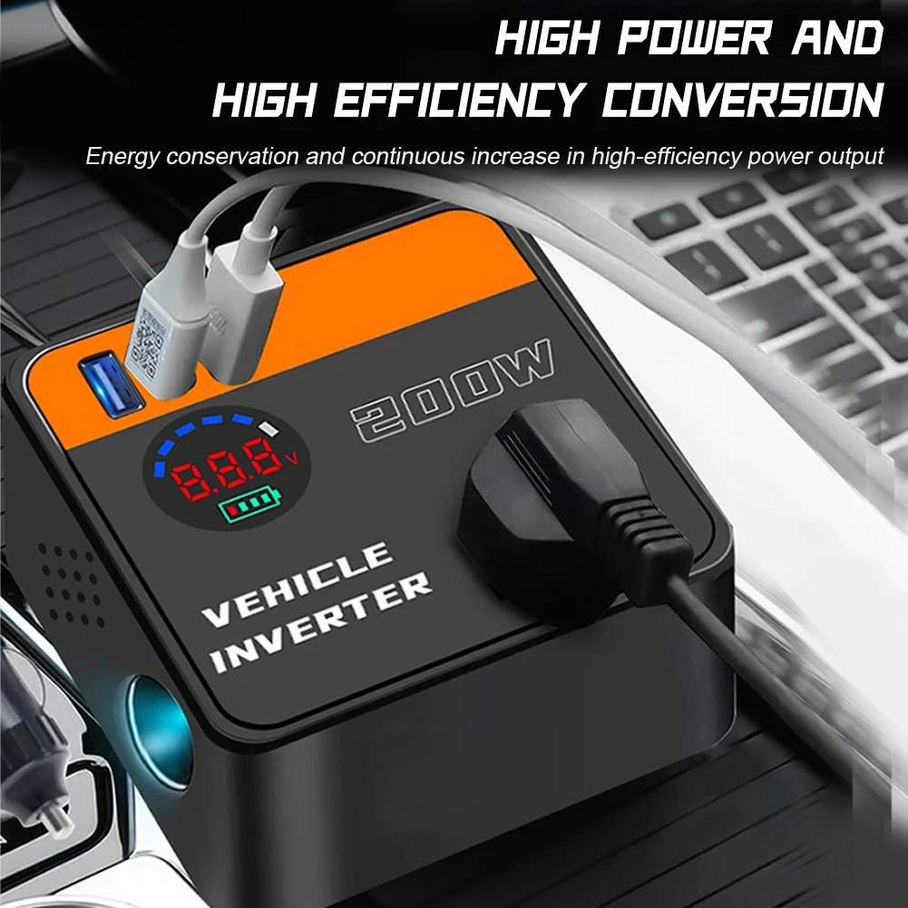 200W Power Converter Car Inverter Automatic Power-Off Ideal For Smart Devices Metal And ABS Material Car Travel