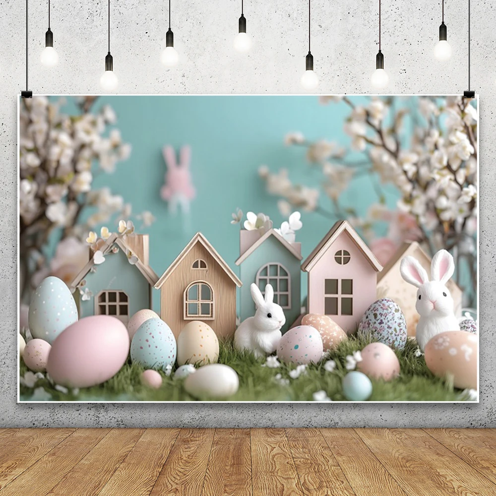 Easter Day Cartoon Cabin Background Spring Easter Rabbit Colorful Eggs Baby Shower Kids Birthday Party Photography Backdrops