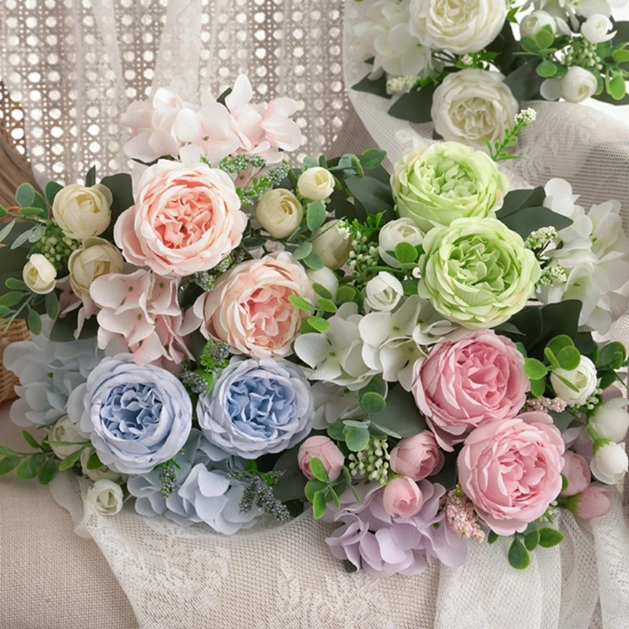 

10PCS Artificial Flowers Wedding Home Decoration Bridal Bouquet Garden Party Silk Peony Hydrangeas Vase Outdoors Celebraton Gift