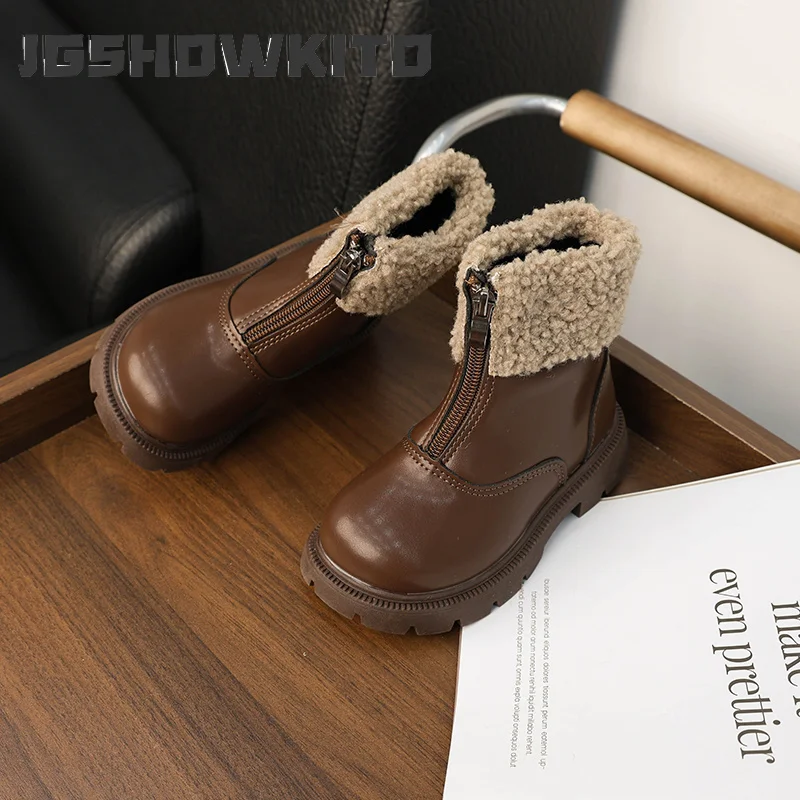 JGSHOWKITO Winter Children's Ankle Boots Warm Simple Toddler Girls Cotton Boots Thick Bottom Kids Fashion Leather Boots Zipper