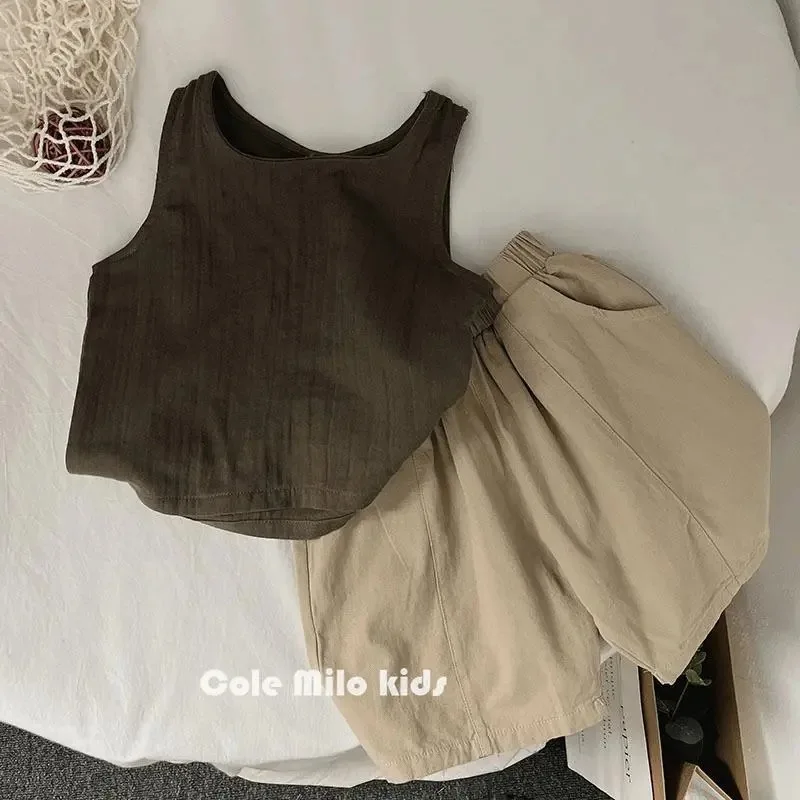 Camisetas sin mangas para niños y niñas, chaleco informal Vintage, Tops de lino y algodón sólido, ropa para niños pequeños, novedad de verano 2024