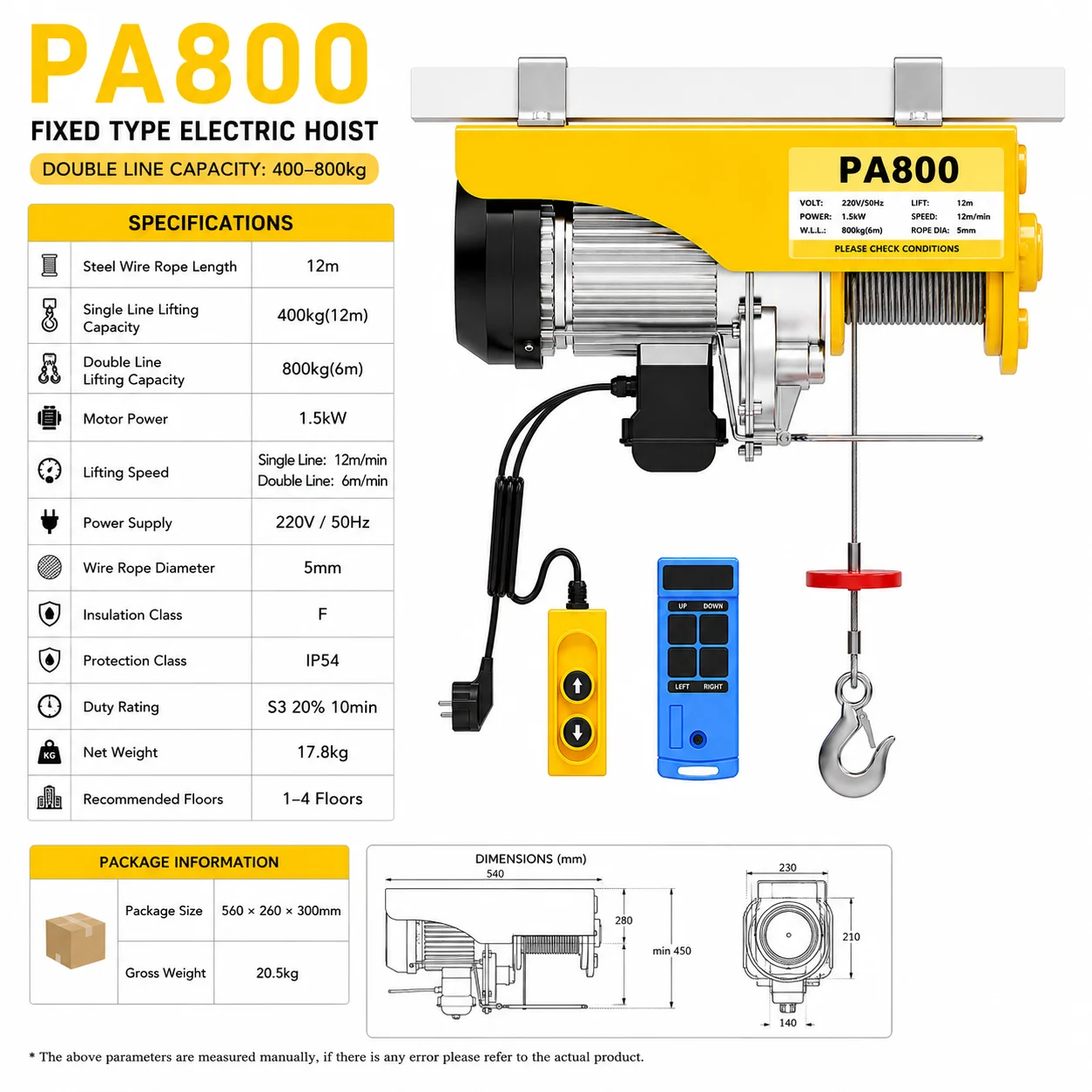 PA Type Fixed Electric Hoist 400-800kg, Mini Electric Lifting Hoist, Electric Winch for Workshop Warehouse Industrial Lifting