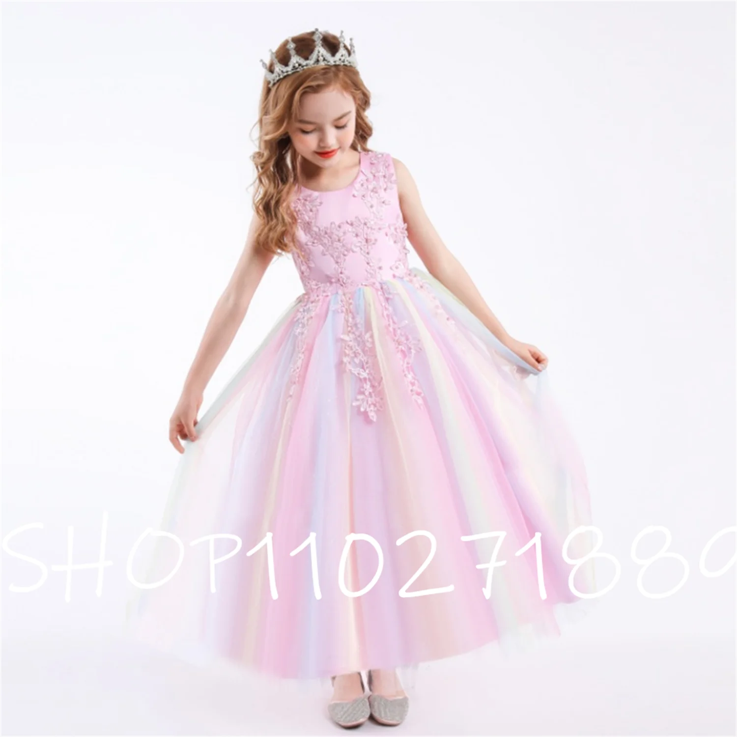 

Flower Girl Dress Ankle-Leng Appliques Fairy dress Tulle Bridesmaid Dress For Girl Costume Elegant Wedding Party Princess Dress