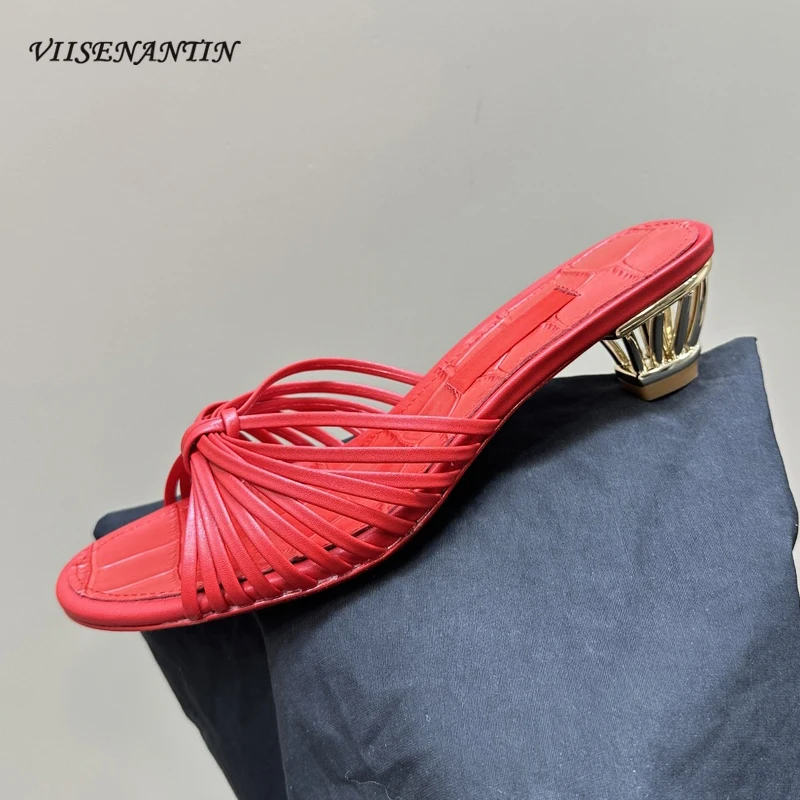 

Strange Style Birdcage Heel Women Slippers Genuine Leather Narrow Band Peep Toe Slip on Mules Slides Females Fashion Summer Shoe