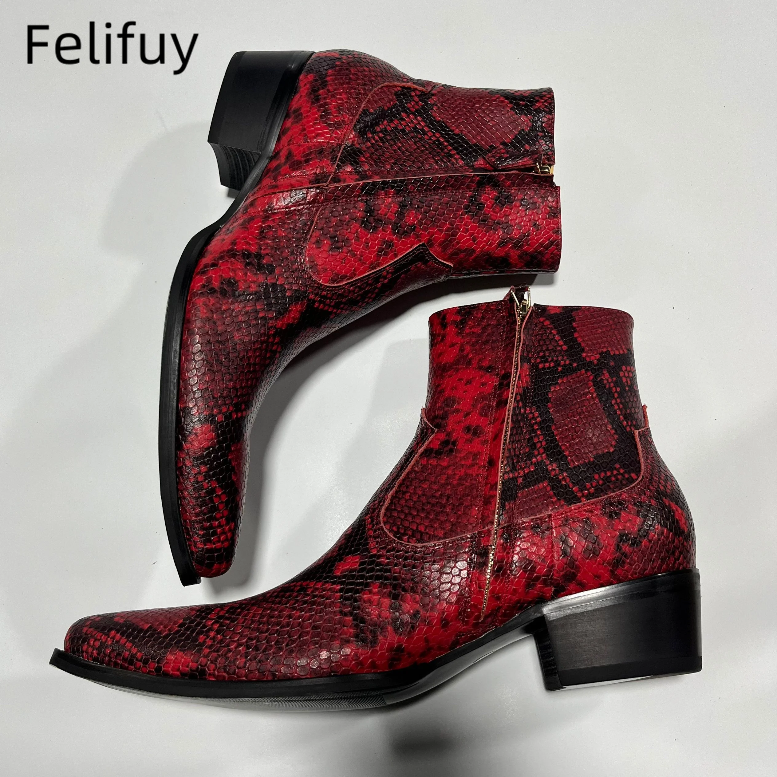 Snake Printed cowhide boots Genuine Leather Boots Pointed Toe Fashion Personality Side Zipper Casual Shoes Dress Shoes For Men