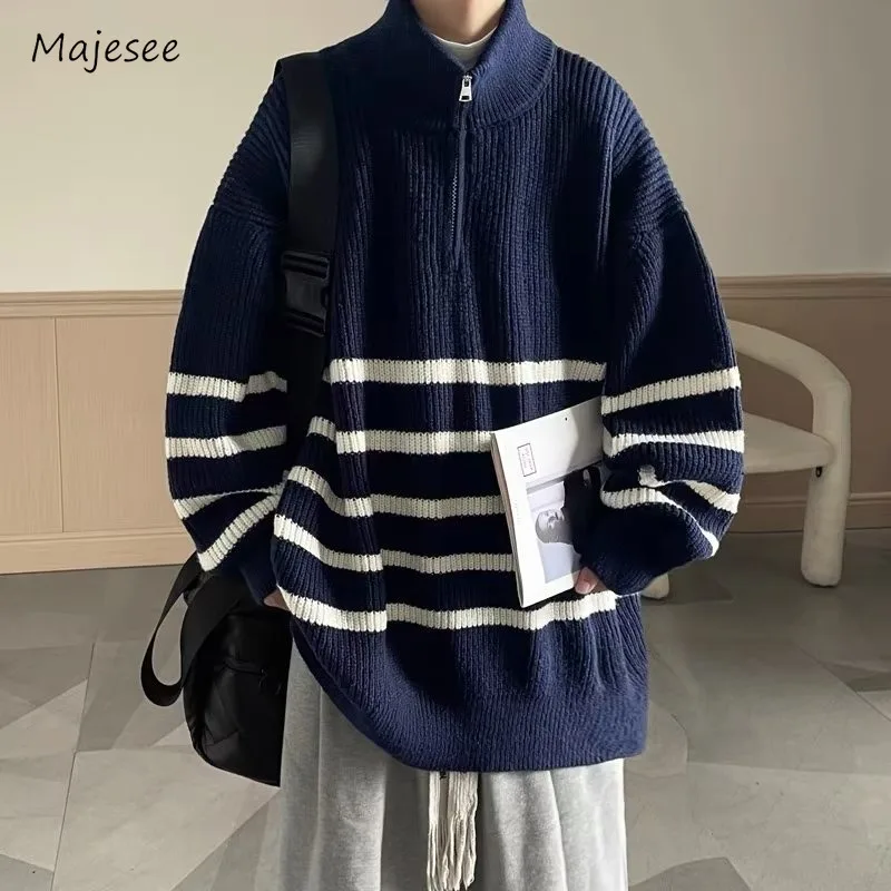 

Striped Sweaters Men Stand Autumn Winter Teenagers All-match Knitwear Temperament Tender Japanese Style Harajuku Streetwear