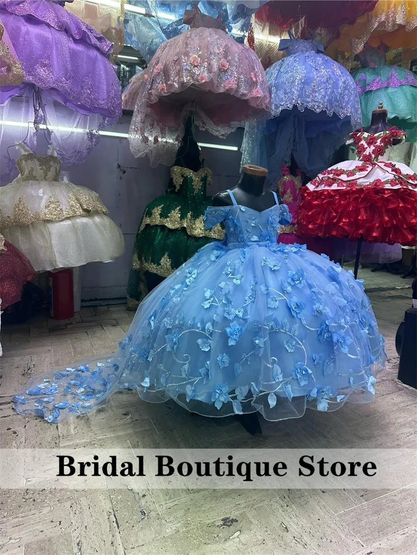 

Luxury Sky Blue Flower Girls Dress For Weddings Floral Applique With Bow Beading Bady Child Birthday Gown Ball Gown Customized