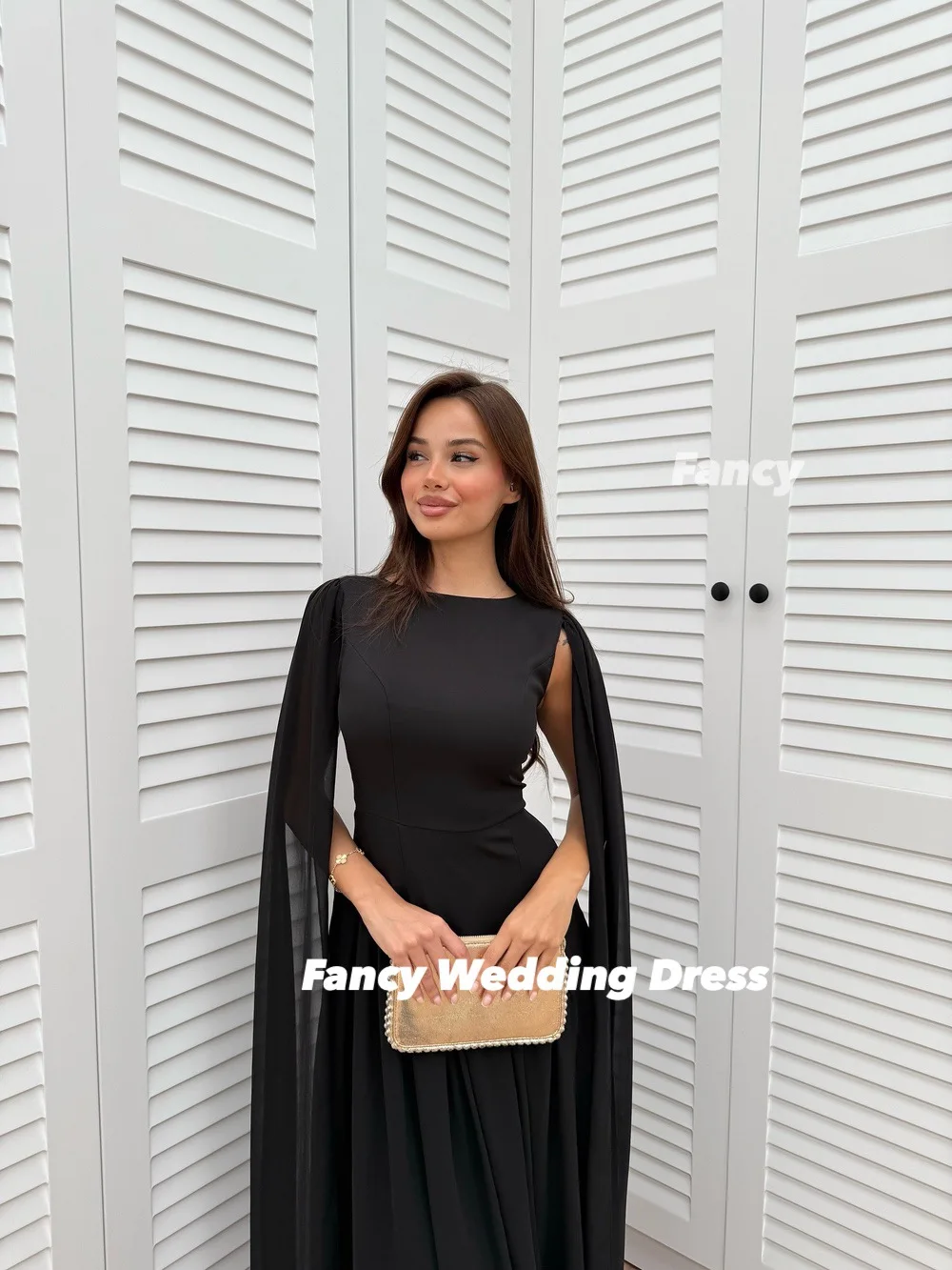 Robe de soirée fantaisie et gracieuse, col rond, ligne A, en Satin élastique, robe de bal, arabie saoudite, avec Long châle, fermeture éclair au dos, personnalisée