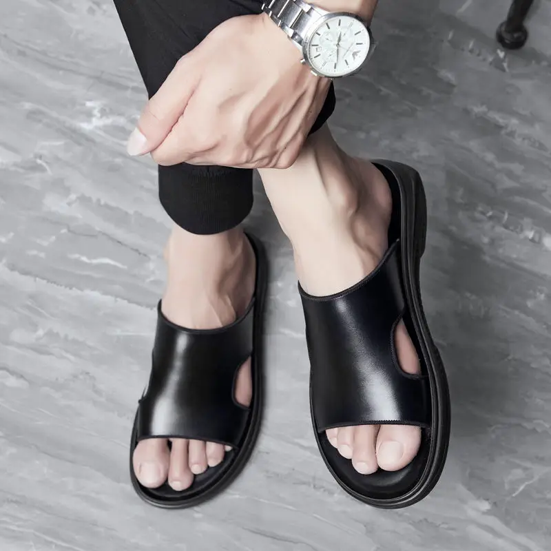 

FZNYL Men Genuine Leather Sandals Air Cushion Slip On Slides Shoes Non-Slip Rubber Sole Classic Black Flat Beach Slide Slippers