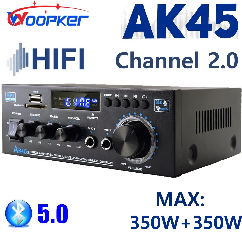 Woopker HiFi Digital Audio Amplifier Channel 2.0 Bluetooth Amp AK45 for Home Speakers 350W+350W Support  90V-240V