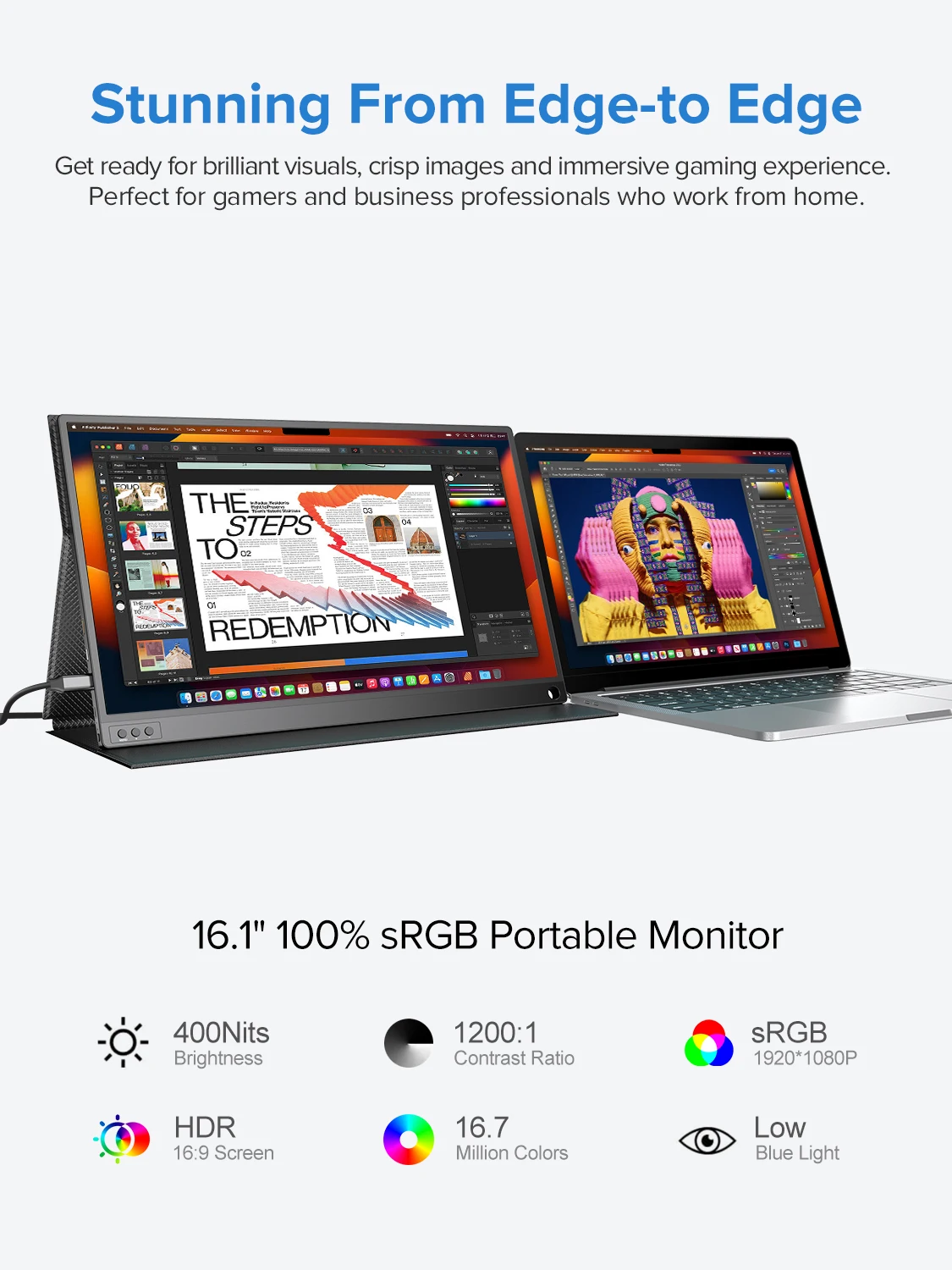 Imagem -03 - Monitor de Jogos Portátil Uperfect de 161 Polegadas e 144 hz para Laptop 1080p Fhd Ips Tela com Hdr Sync Eye Care Tela Externa para Laptop pc Raspberry Switch Xbox Ps5