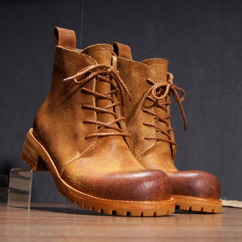 Handmade Retro Ankle Desert Boots Men Cow Leather Outdoor Chelsea Casual Western Motorcycle Boots Male High Top Shoes
