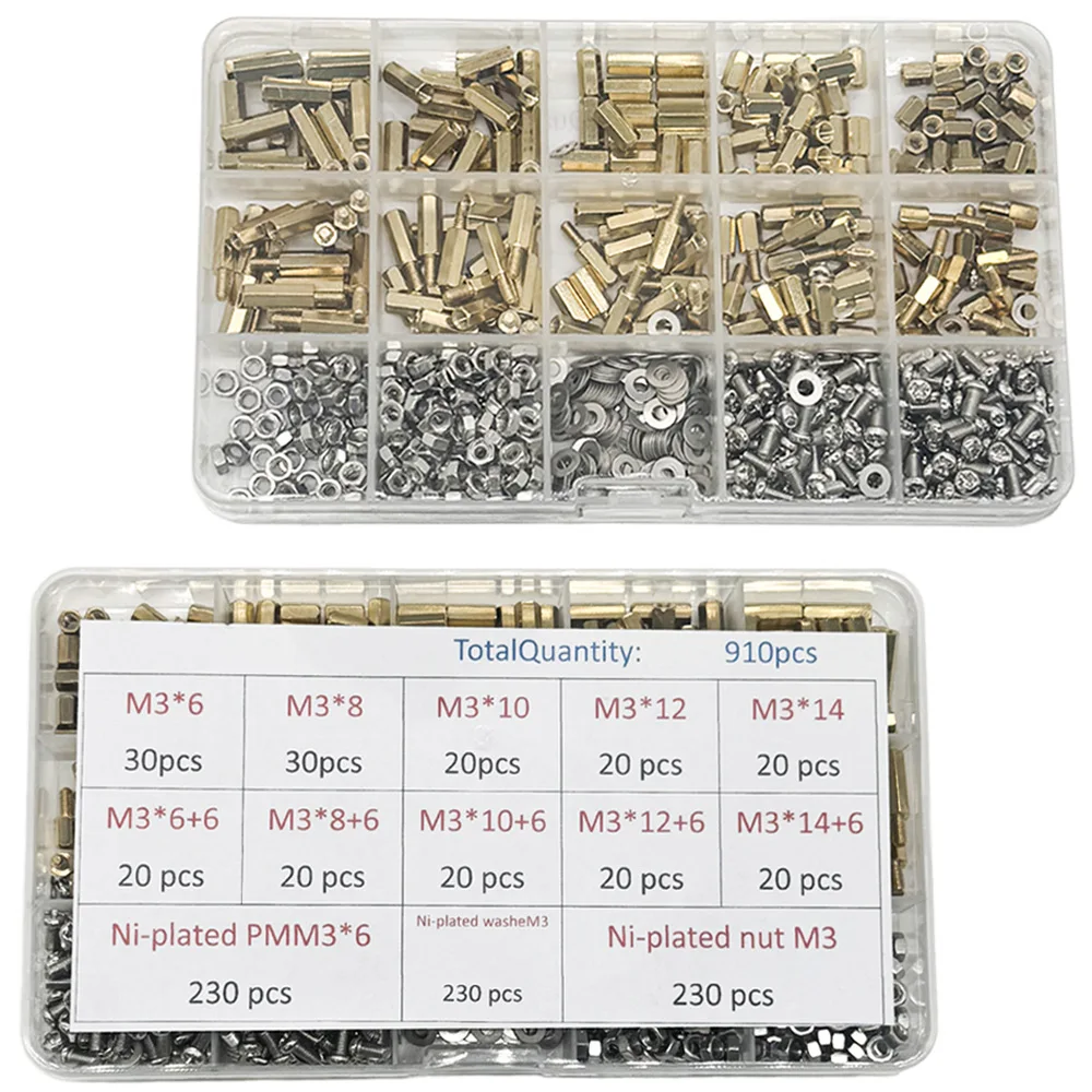 910PCS M3 Brass Standoff Spacer Kit with Hex Head Nut And Washer 230PCS PMM3 Threaded Pillar Screws for PCB Assembly