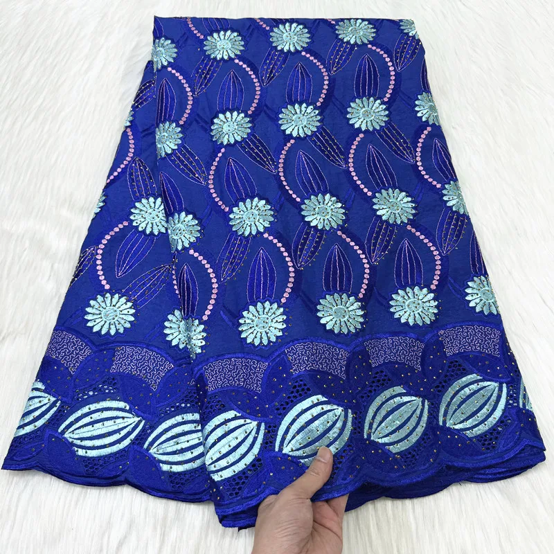 

5Yards/Lot Elegant Blue African Cotton Fabric Embroidery Swiss Voile Lace Match Rhinestones For Dressing B138