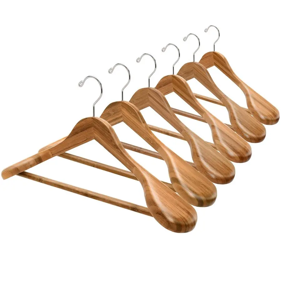 

6 Pack Natural Wide Shoulder Bamboo Wooden Suit Coat Hangers, Bamboo Clothes Hangers with Pants Bar, Heavy Duty Bamboo Jacket Ha