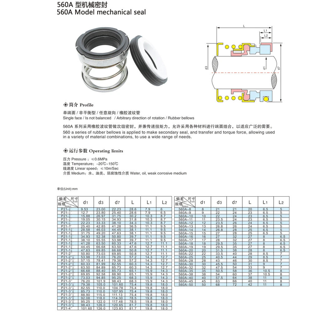 CE/CA/NBR 560-10/12/14/15/16/17/18/19/20/22/25/28/30/32/35-60mm Mechanical Shaft Seal Single Spring For Water Pump