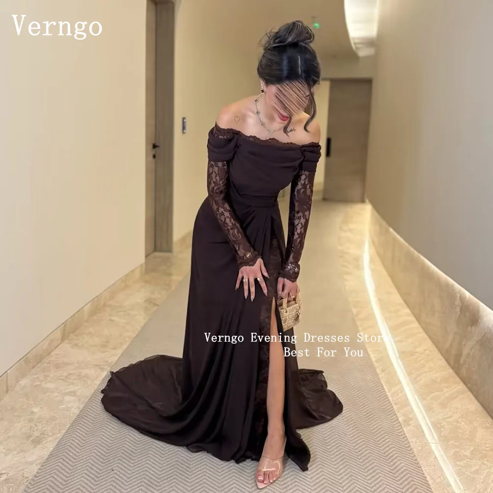 Verngo Brown Crepe Evening Dress Off The Shoulder Mermaid Prom Party Dresses Sexy Side Slit Arabic Eid Prom Gowns Customized