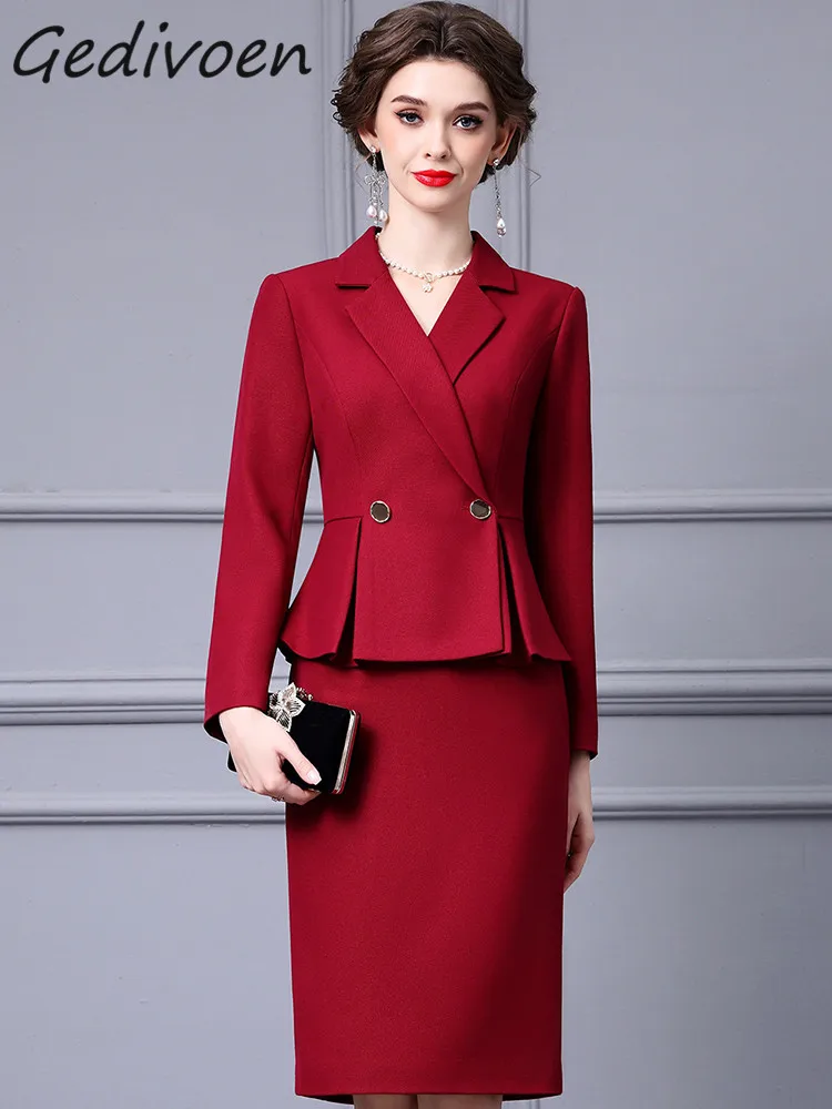 

Gedivoen Autumn Fashion Designer Wine Red Vintage Spliced Dress Women's Lapel Button High Waist Slim Package Buttocks Long Dress