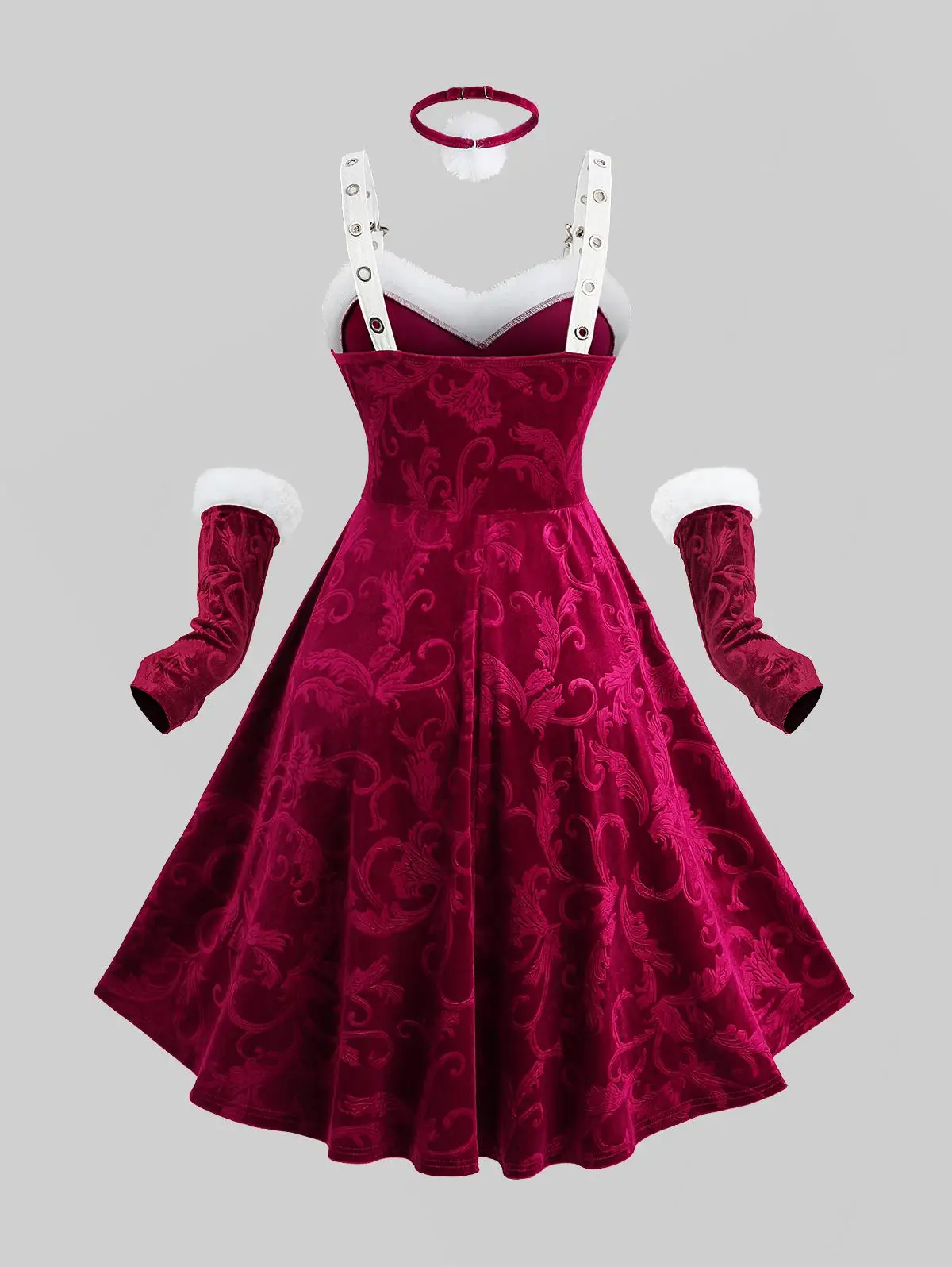 ROSEGAL Plus Size Christmas Dress Red Floral Velvet Embossed Contrast Fur Trim Lace Up Layered Dress With Arm Sleeves And Collar