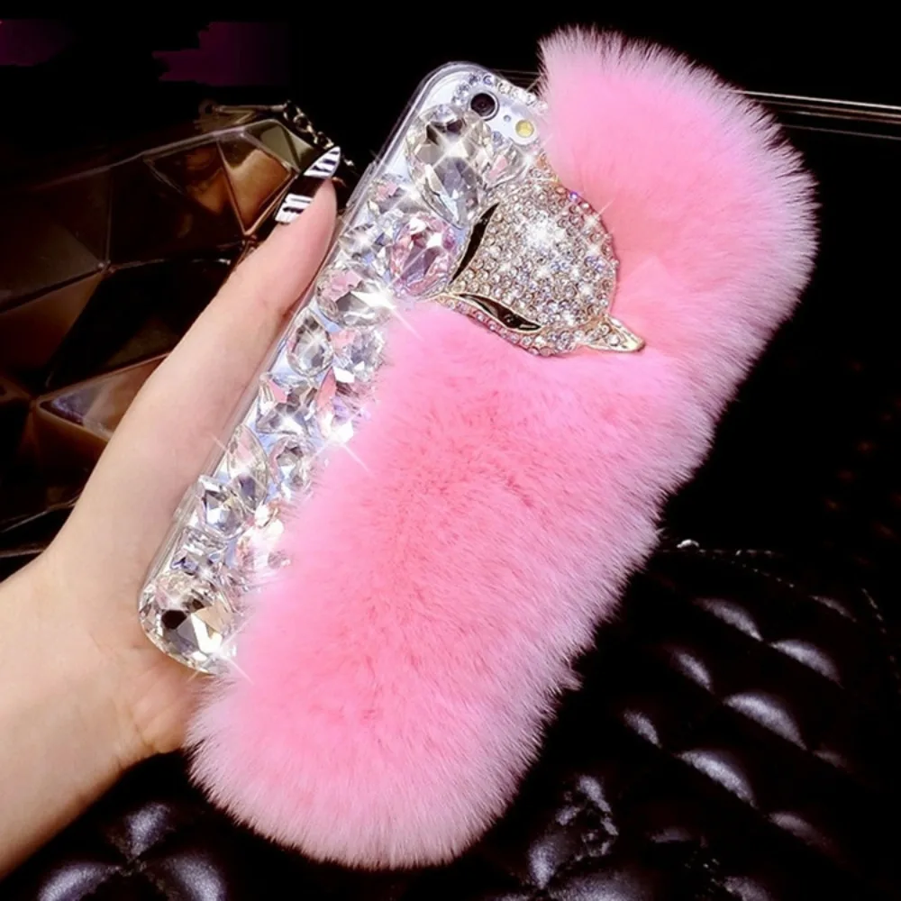 Pink diamond fox head otter rabbit fur plush phone case for iPhone 13/14/15/16 Plus Pro Max